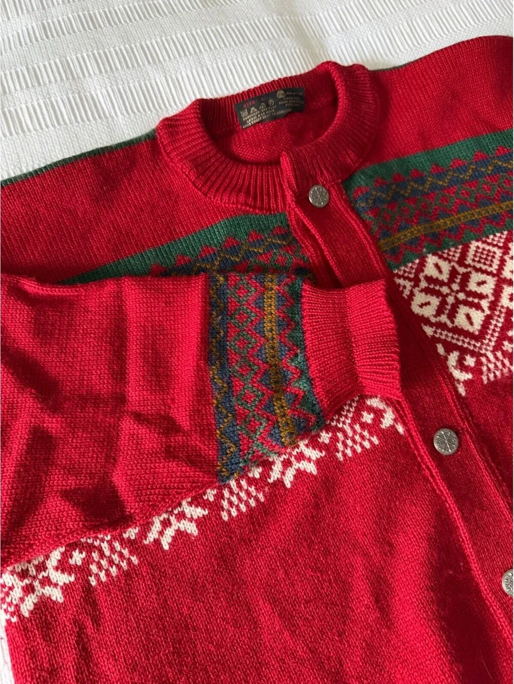 NORDSTRIKK Norway Wool Fair Isle Cardigan Sweater Large Ski Snowflake Red Green